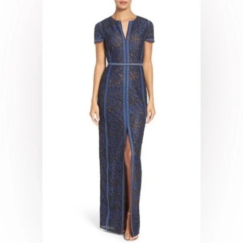 BNWT BCBGMAXAZRIA Blue and Black Lace Cailean Short Sleeve Maxi Dress - Size 10